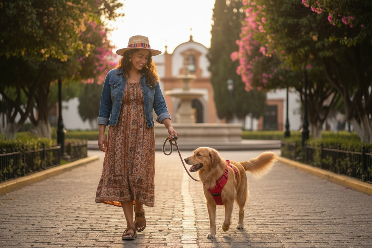 Women on a cobble street walking a dog on a red harness at sunset