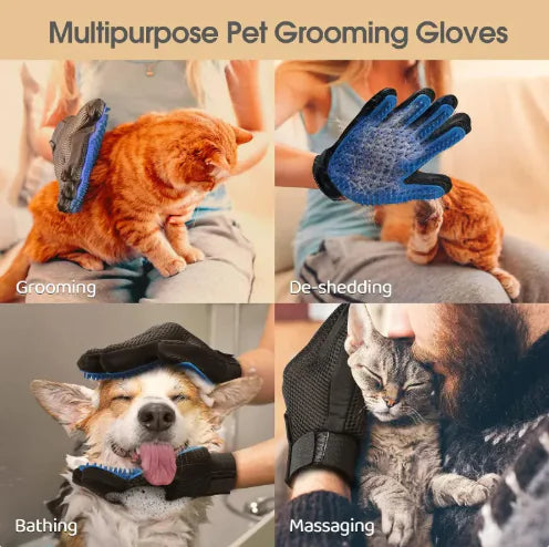 Multipurpose pet grooming gloves being used on a dog, cat, and a person with a glove on their hand.