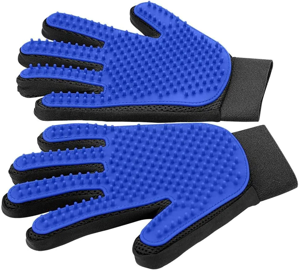 Blue grooming gloves with black accents on a white background